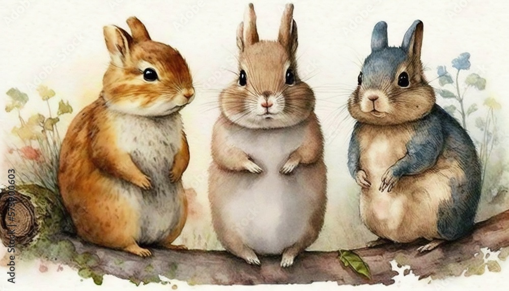  three rabbits are sitting on a branch and one is looking at the camera and the other is looking at 