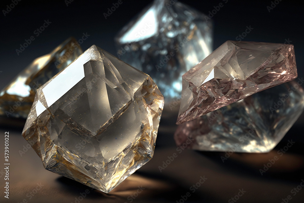 Uncut clear rough diamonds close up. Ai generative