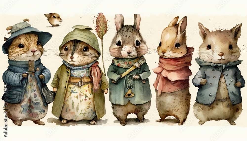  a group of rabbits dressed in clothes and hats standing next to each other in front of a white back