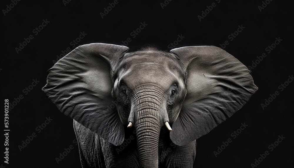  an elephant with tusks standing in the dark with its trunk up in the air and its eyes closed, with 