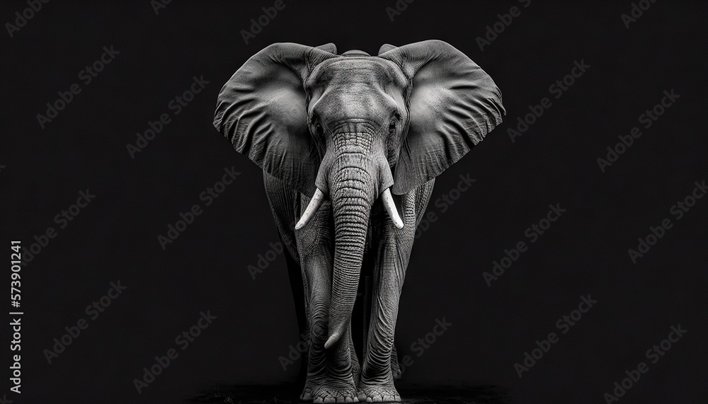  an elephant standing in the dark with its tusks curled up and tusks curled up in the back of its he