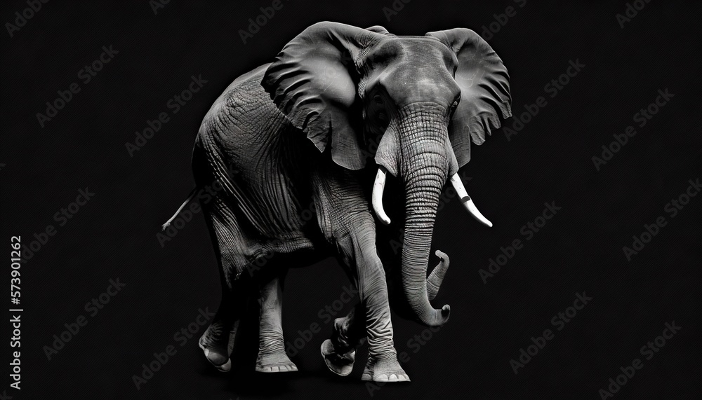  a black and white photo of an elephant with tusks and tusks on its head and tusks on its back.  ge