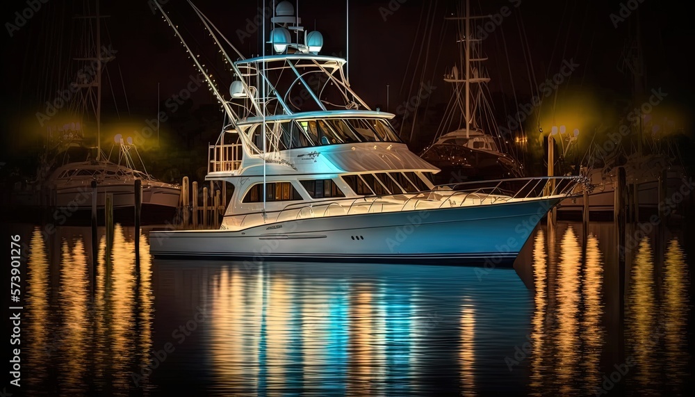  a boat is docked in the water at night time with lights on its mast and lights reflecting off the 