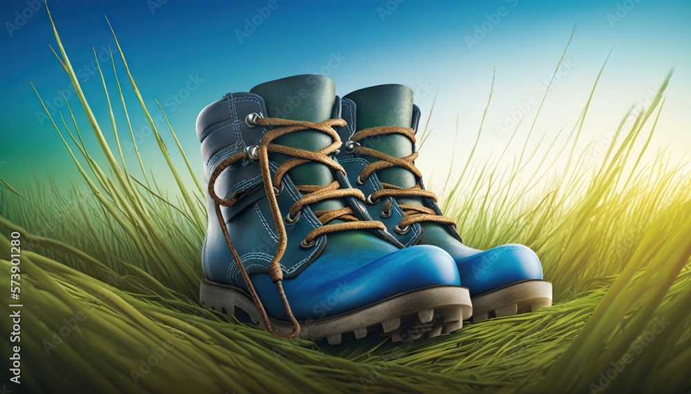  a pair of blue boots sitting on top of a green grass covered field with tall grass in the foregroun