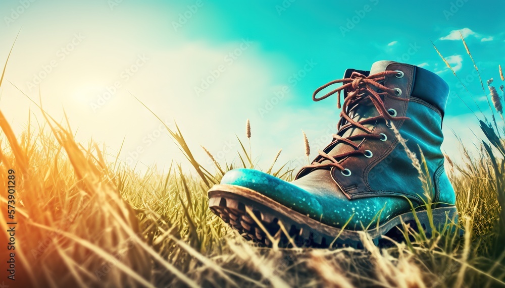  a pair of blue boots sitting in the middle of a field of tall grass with the sun in the background 