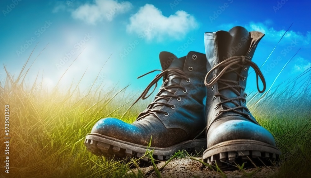  a pair of boots sitting on top of a lush green field next to a blue sky with clouds in the backgrou