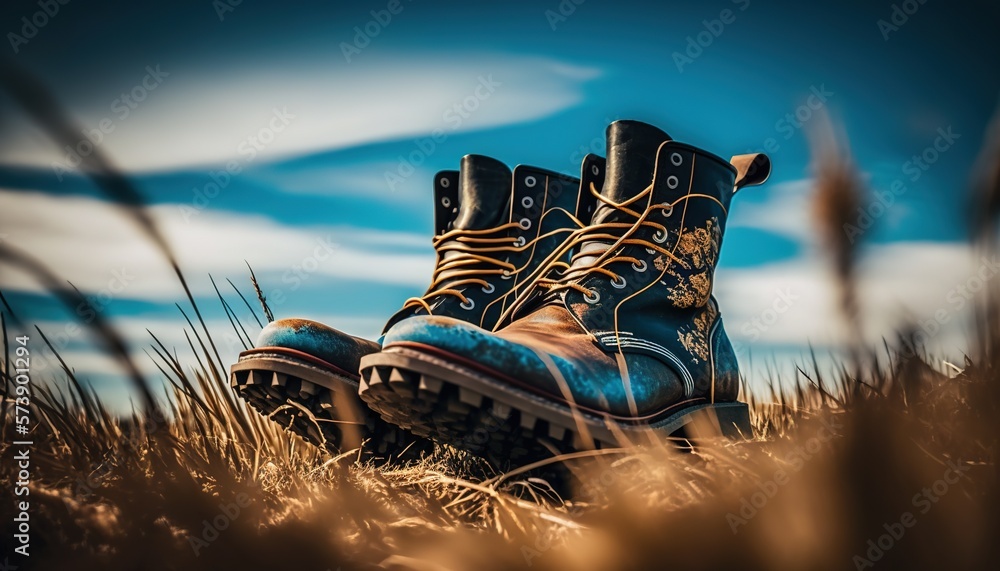  a pair of boots sitting in the middle of a field of tall grass with a blue sky in the background an