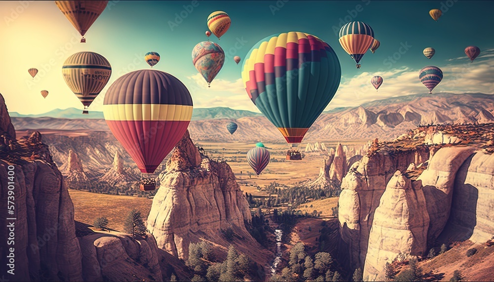  a group of hot air balloons flying over a mountain range in a surreal landscape with a waterfall in