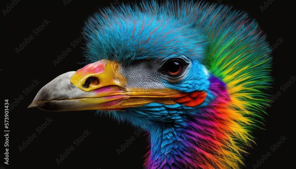  a close up of a bird with a multi colored head and neck and a black background with a black backgro