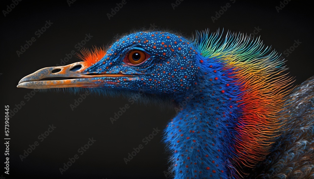  a close up of a colorful bird with a black back ground and a black back ground with a black back gr