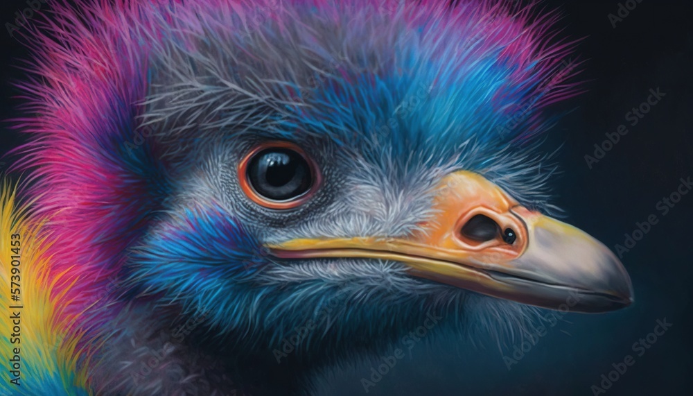  a close up of an ostrichs head with multicolored feathers and a black background with a black back