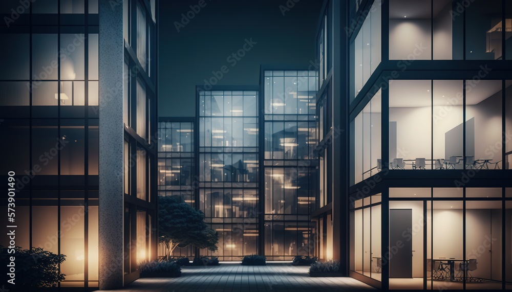  a night scene of a building with a lot of windows and a tree in the middle of the building and ligh