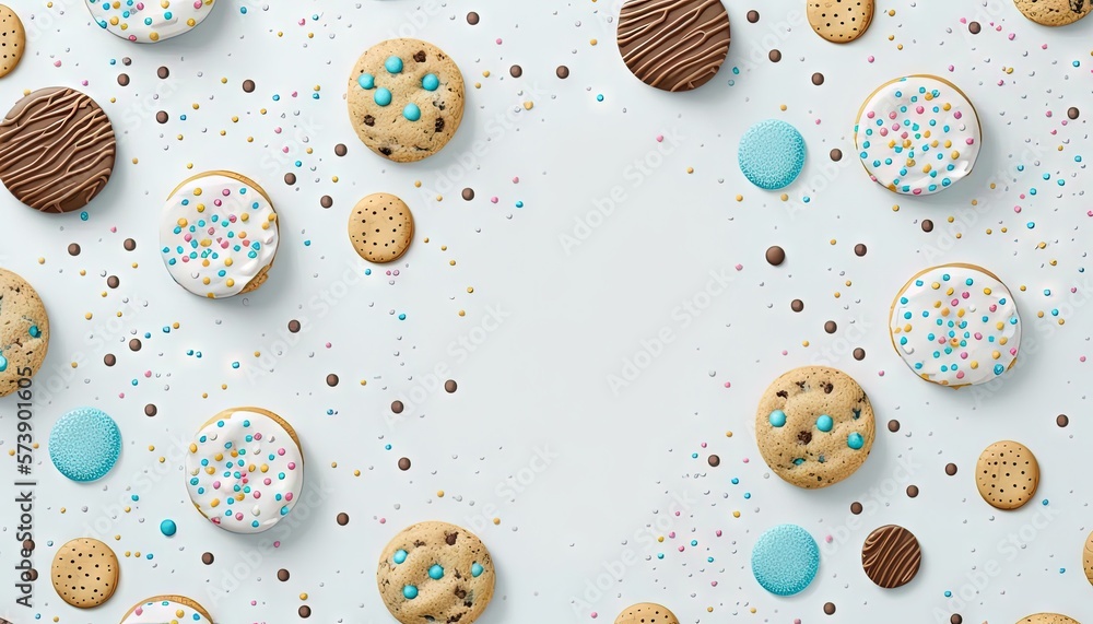  a table topped with lots of cookies and cookies on top of a white tablecloth covered in confetti an