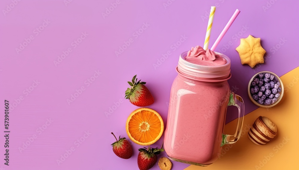  a pink smoothie in a mason jar with strawberries, oranges, and cookies on a purple and yellow backg