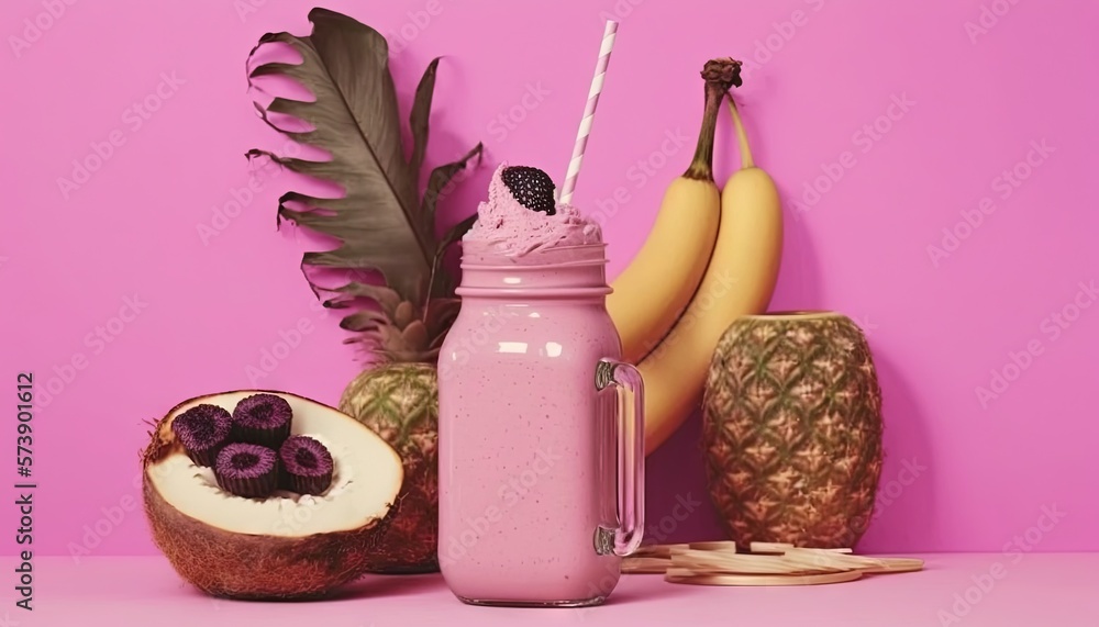  a smoothie in a jar next to two bananas and a pineapple on a pink background with a pink background