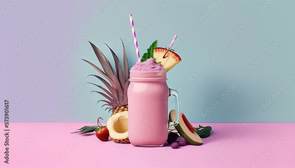  a pink smoothie in a mason jar with a straw and a pineapple on the side of the jar is surrounded by