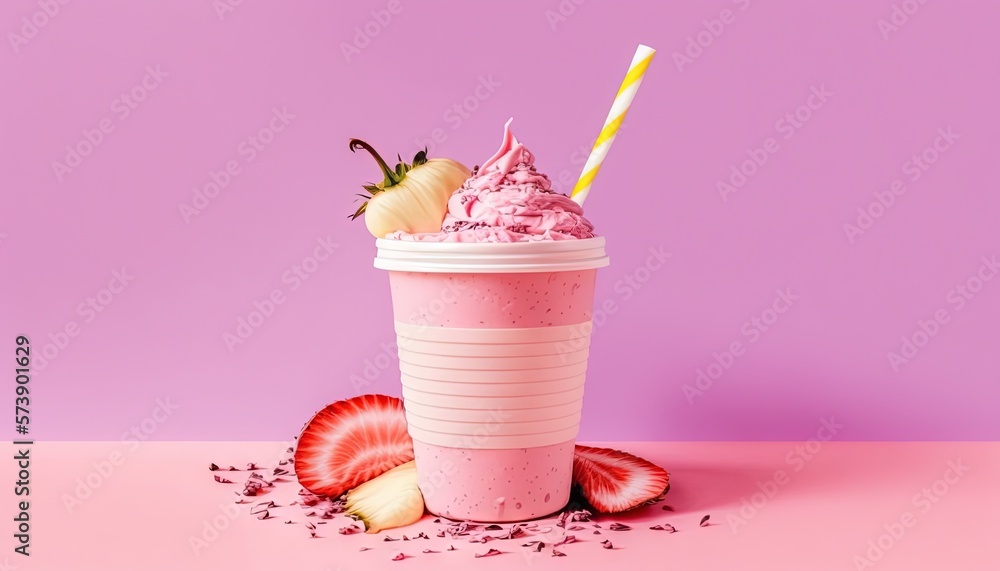  a cup of ice cream with strawberries and a straw on a pink background with a straw in it and two st