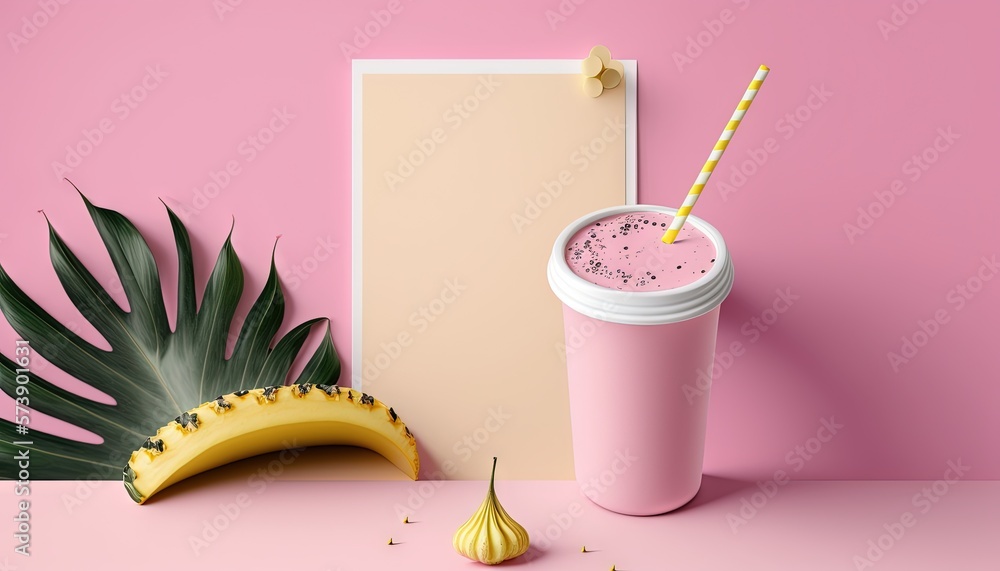  a pink smoothie with a banana and a banana peel next to it on a pink background with a blank sign a