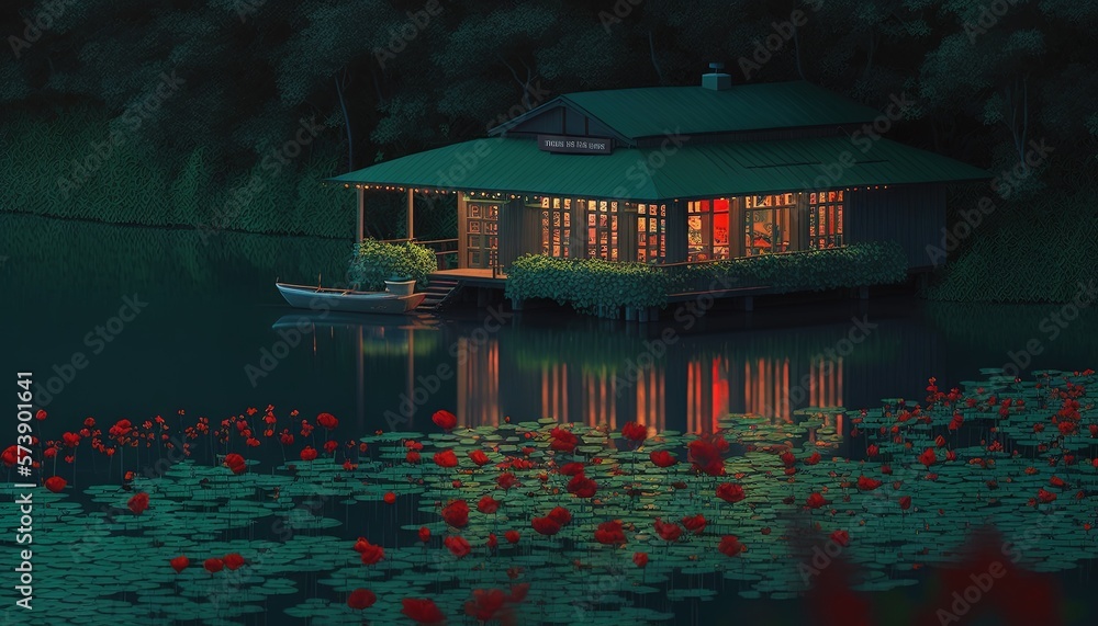  a house sitting on top of a body of water next to a lush green forest filled with red water lillies