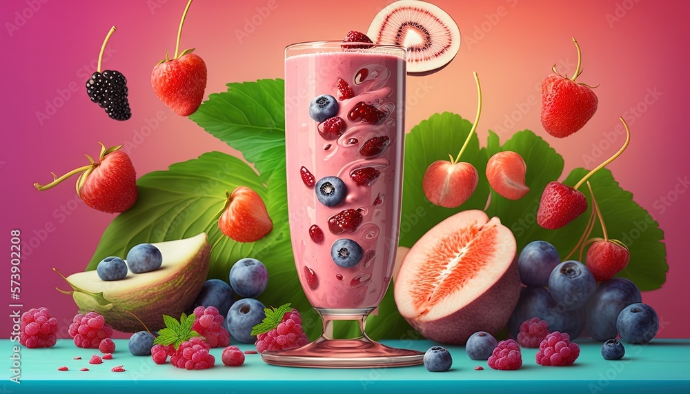  a smoothie with berries, kiwis, and a lollipop on a blue table with leaves and a pink background wi