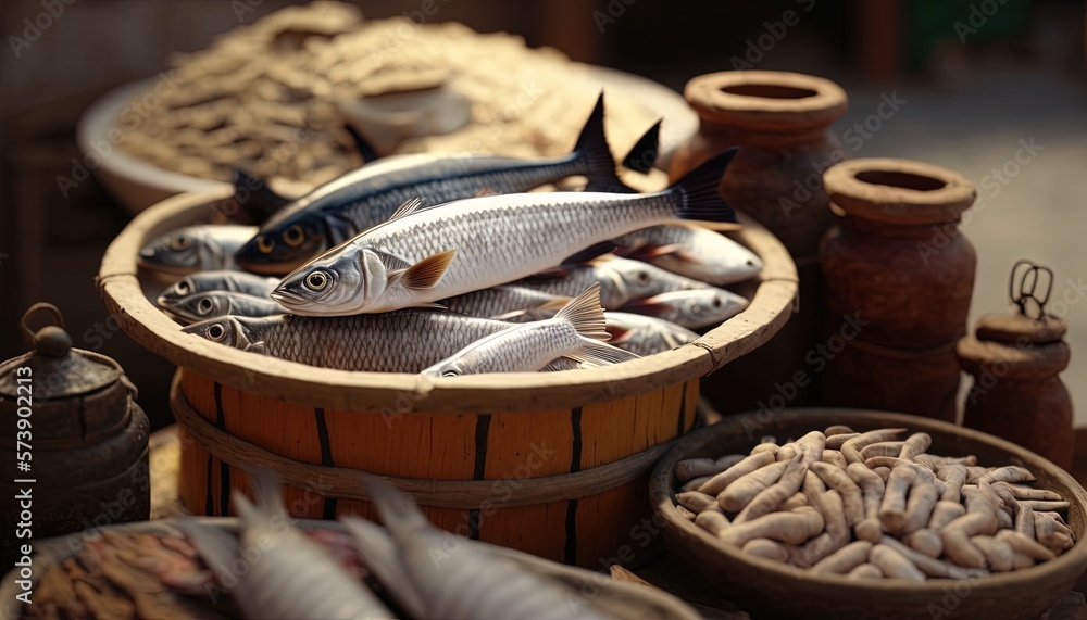  a bunch of fish that are sitting in a bowl on a table next to other food and vases on the table and