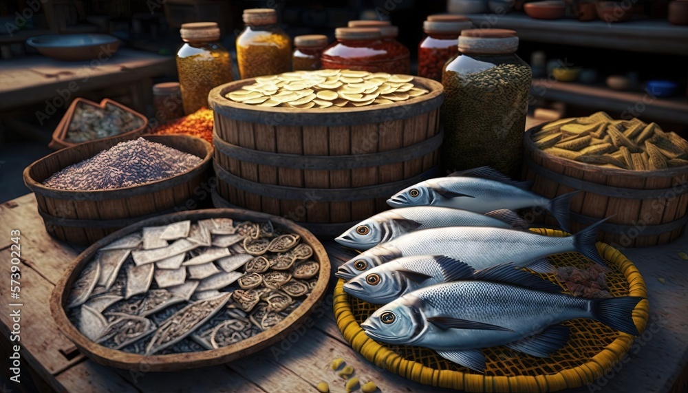  a bunch of fish that are sitting on a table in front of some baskets of food on a table with other 