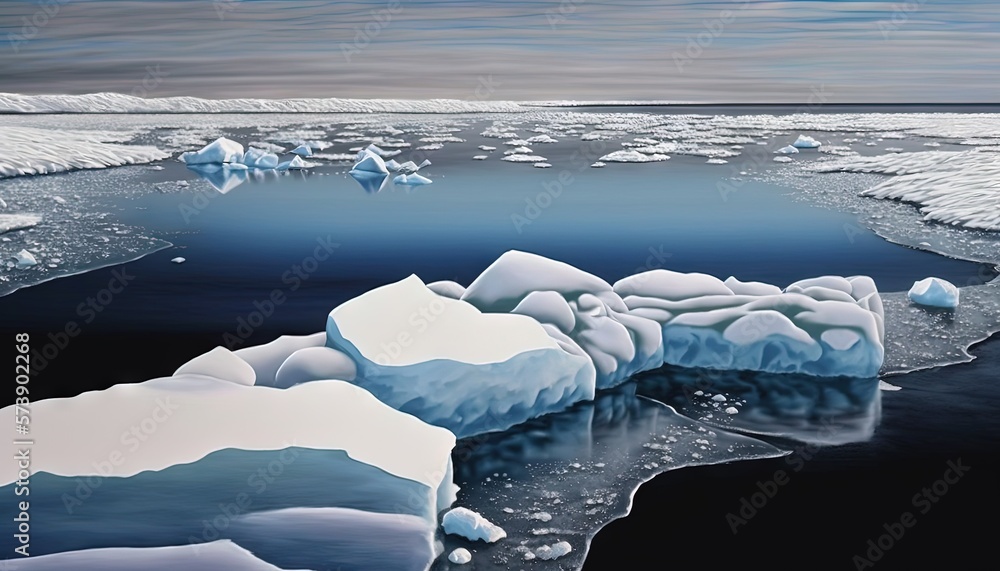  a painting of icebergs floating in the water and icebergs floating in the water and icebergs floati