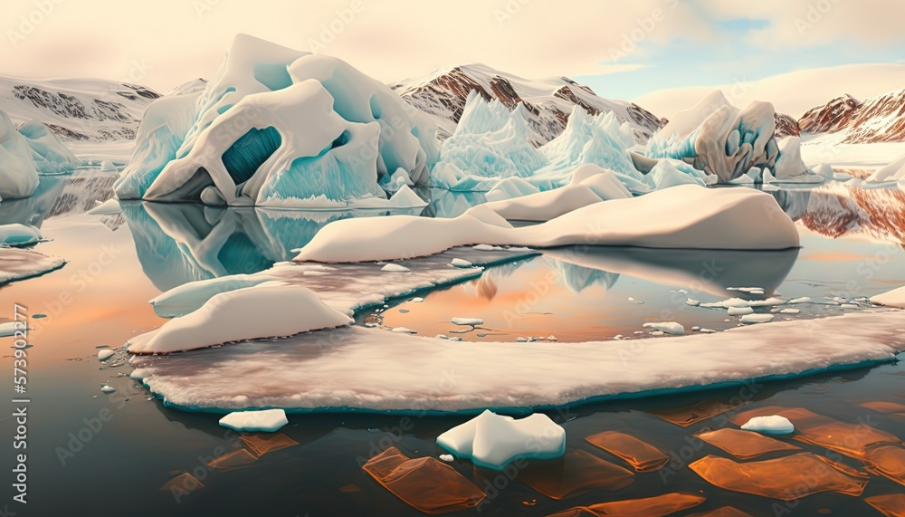  a digital painting of icebergs floating in a lake surrounded by snow covered mountains and icebergs