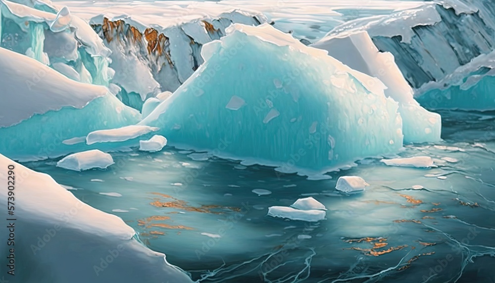  a painting of icebergs floating in the water with mountains in the background and snow on the groun