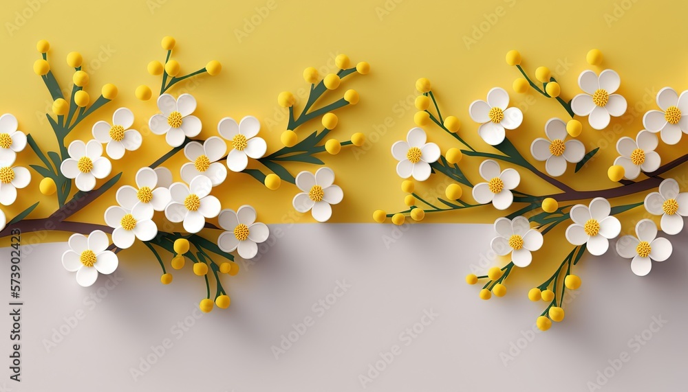  a bunch of flowers that are on a yellow and white background with a white border around them and a 