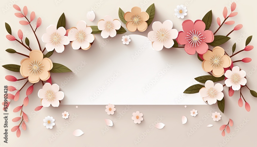  a paper flower frame with pink and white flowers on a light background with a place for text or a p