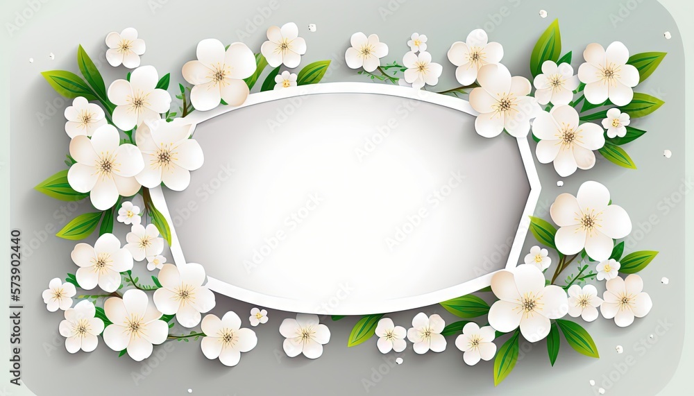  a white frame with flowers and leaves on a gray background with a place for a text or an image for 