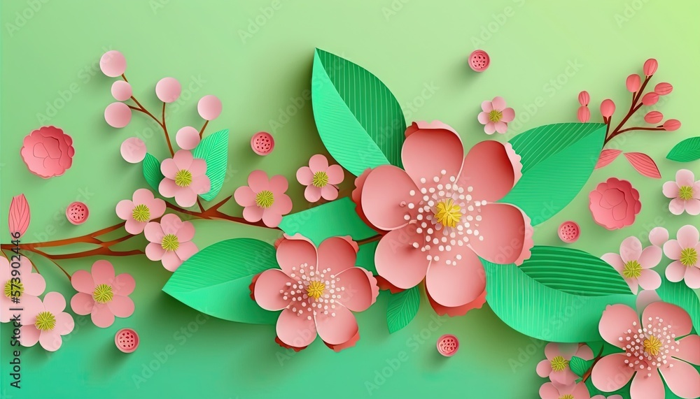  a paper cut of pink flowers and green leaves on a light green background with a yellow center in th