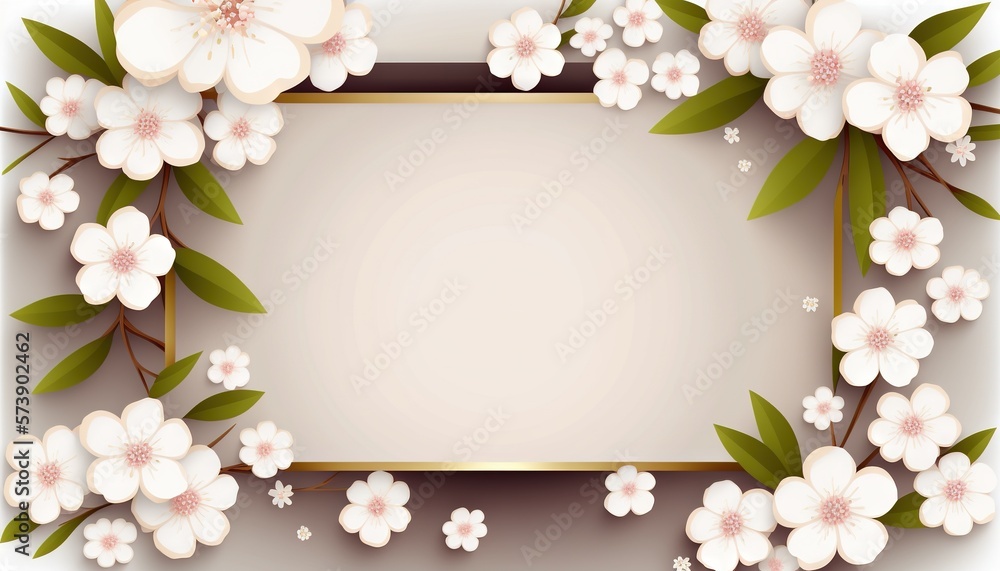  a floral frame with white flowers and green leaves on a white background with a gold border for tex