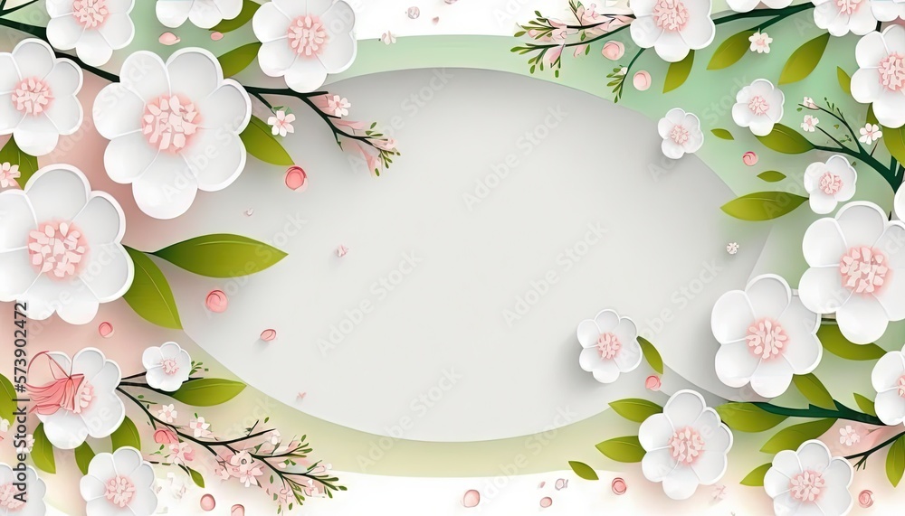  a white and pink flowered background with leaves and flowers on a white background with a green bor