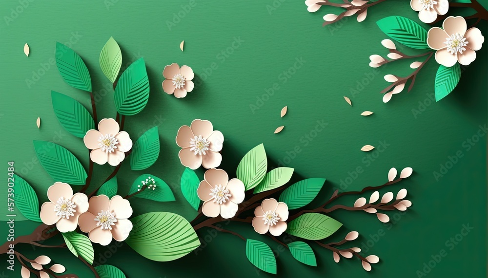  a green background with flowers and leaves on the branches of a tree with leaves and flowers on the