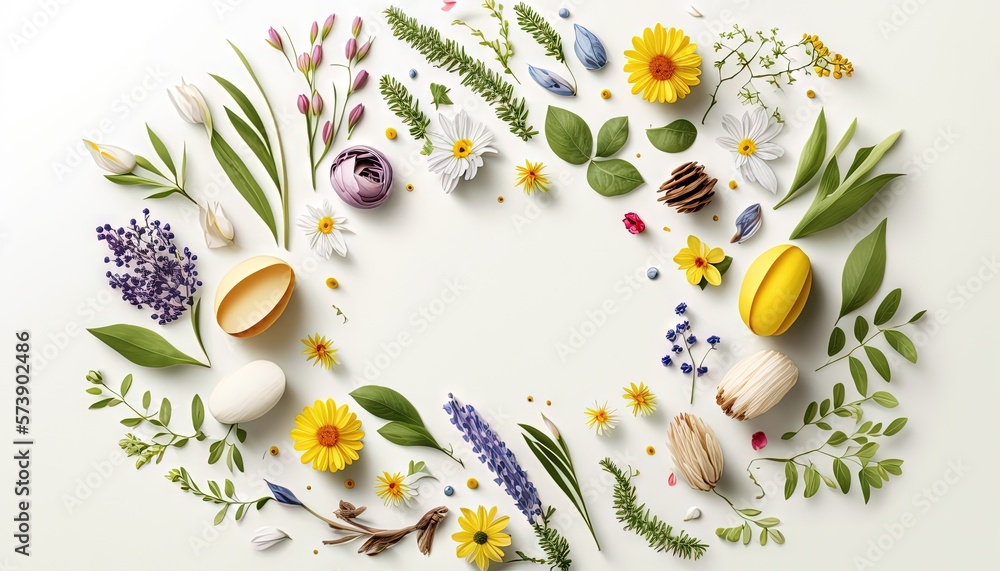  a circle made of flowers and eggs on a white background with a place for the text in the middle of 