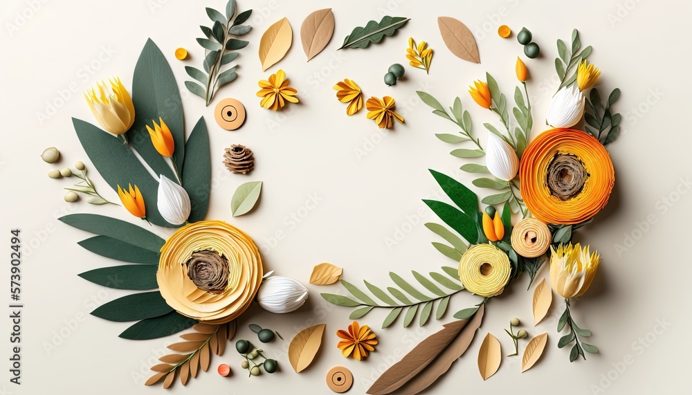  a circular arrangement of flowers and leaves on a white background with a button hole in the center