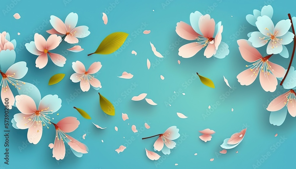  a blue background with pink and white flowers and leaves on the bottom of the image is a blue backg