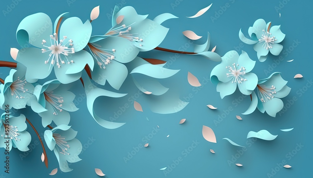  a blue flower on a blue background with leaves and petals flying around the petals and petals are f