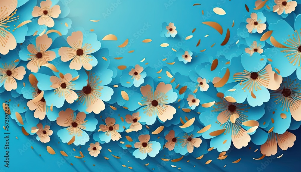  a bunch of flowers that are on a blue surface with gold foiling on them and a blue background with 