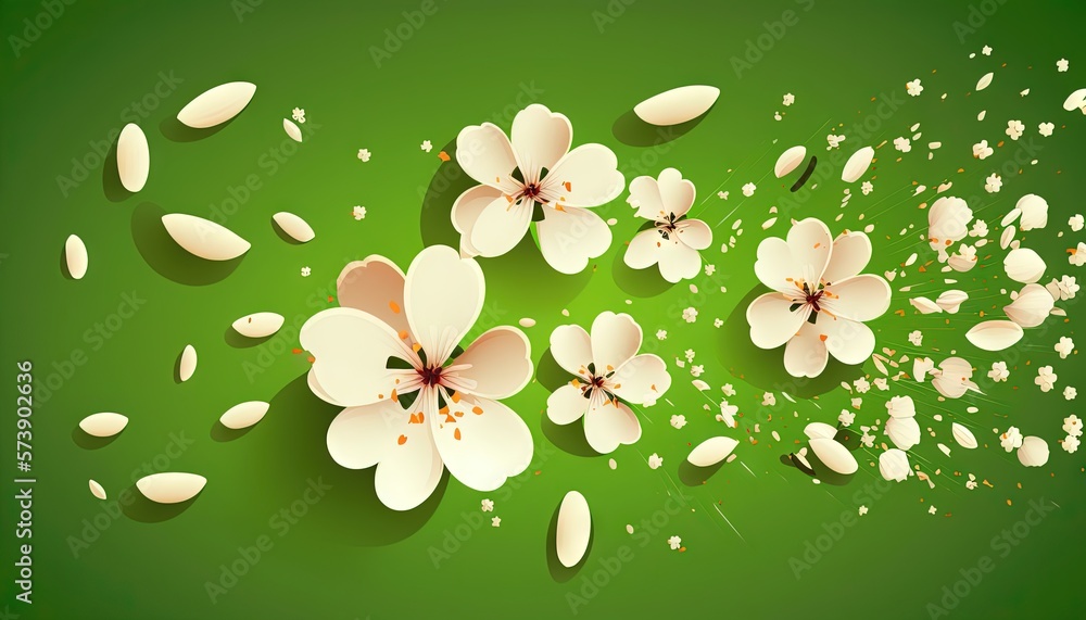  a bunch of white flowers with petals on a green background with space for a text or a picture or a 