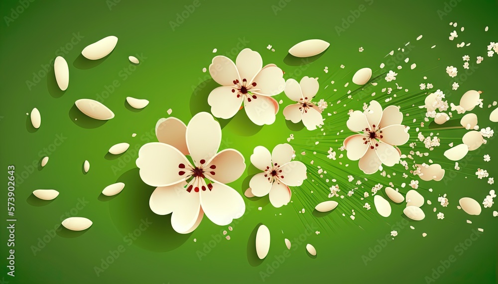  a green background with white flowers and petals on its petals are falling down the center of the 