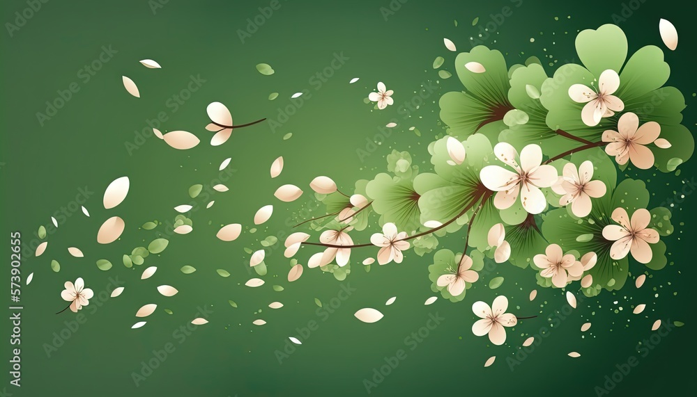  a green background with white flowers and leaves flying in the air on a green background with white