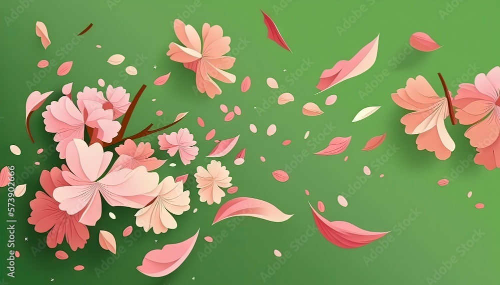  a green background with pink flowers and petals on the petals and petals falling off of the petals 