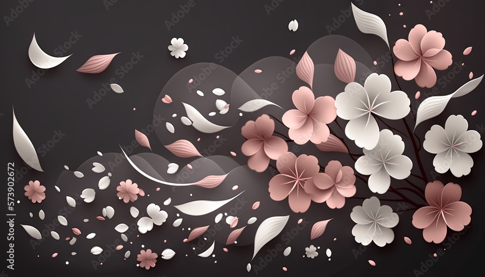  a bunch of flowers that are flying in the air with leaves and petals on a black background with spa