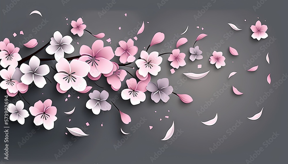  a bunch of pink and white flowers on a gray background with a shadow of petals on the left side of 