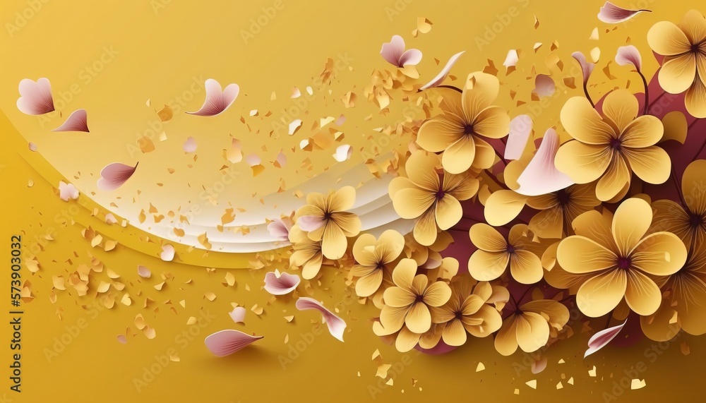  a bunch of flowers that are on a yellow background with hearts flying around it and a yellow backgr