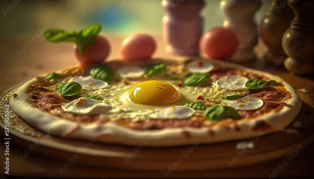  a pizza with an egg on top of it on a plate on a table with other food items around it and on the t