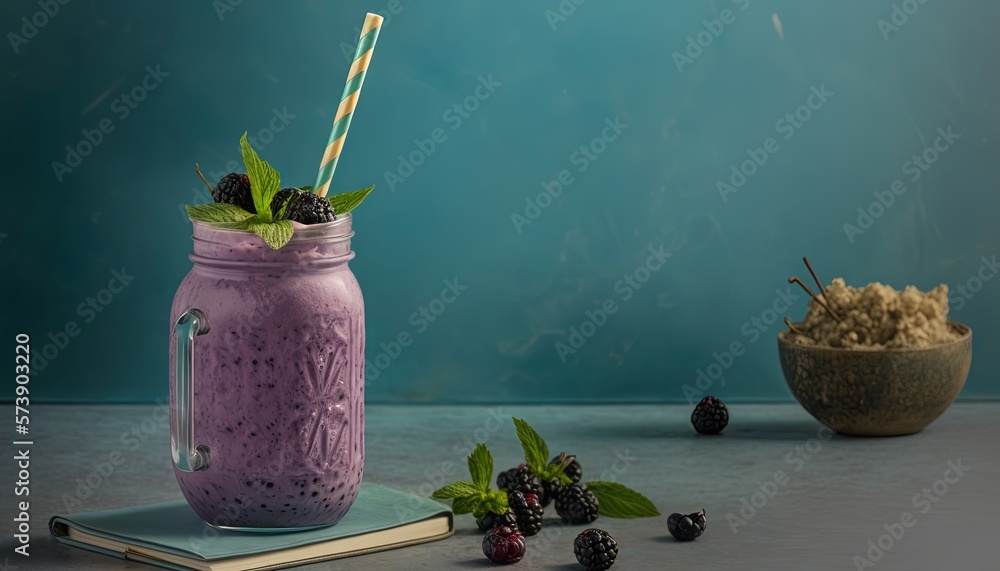  a blueberry smoothie in a mason jar next to a bowl of blackberries and a strawberries on a blue bac